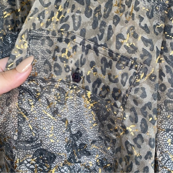 Lane Bryant Brown & Gold Mixed Print Sheer Button Down - Picture 5 of 6